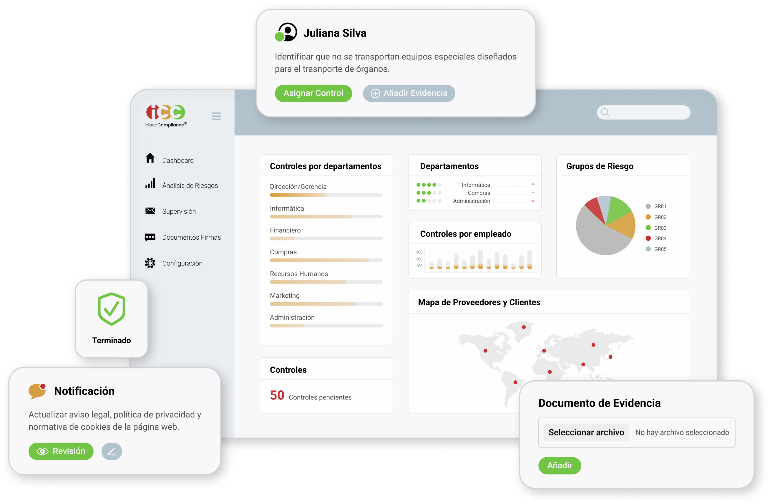 Interfaz del software GRC de icloudCompliance Vista del software GRC de icloudCompliance con herramientas para gestión de riesgos, cumplimiento normativo y ESG.